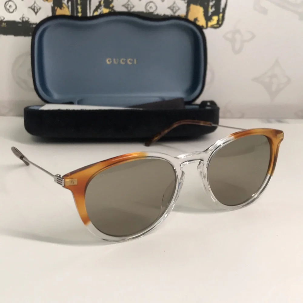 New Authentic Gucci GG1048S 004 Brown and Clear Men's Sunglasses
